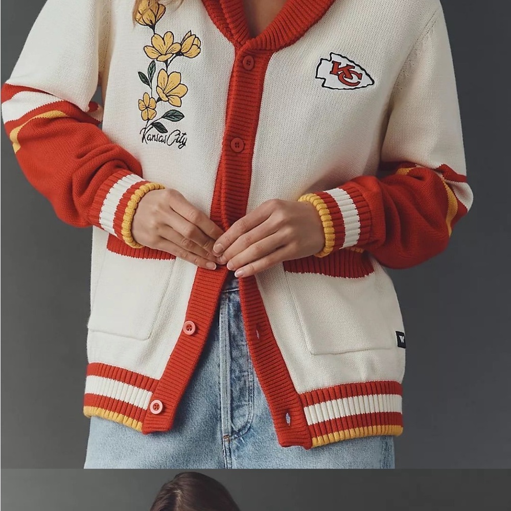 Anthropology Red and White NFL Chiefs Embroidered Cardigan - Picture 2 of 4